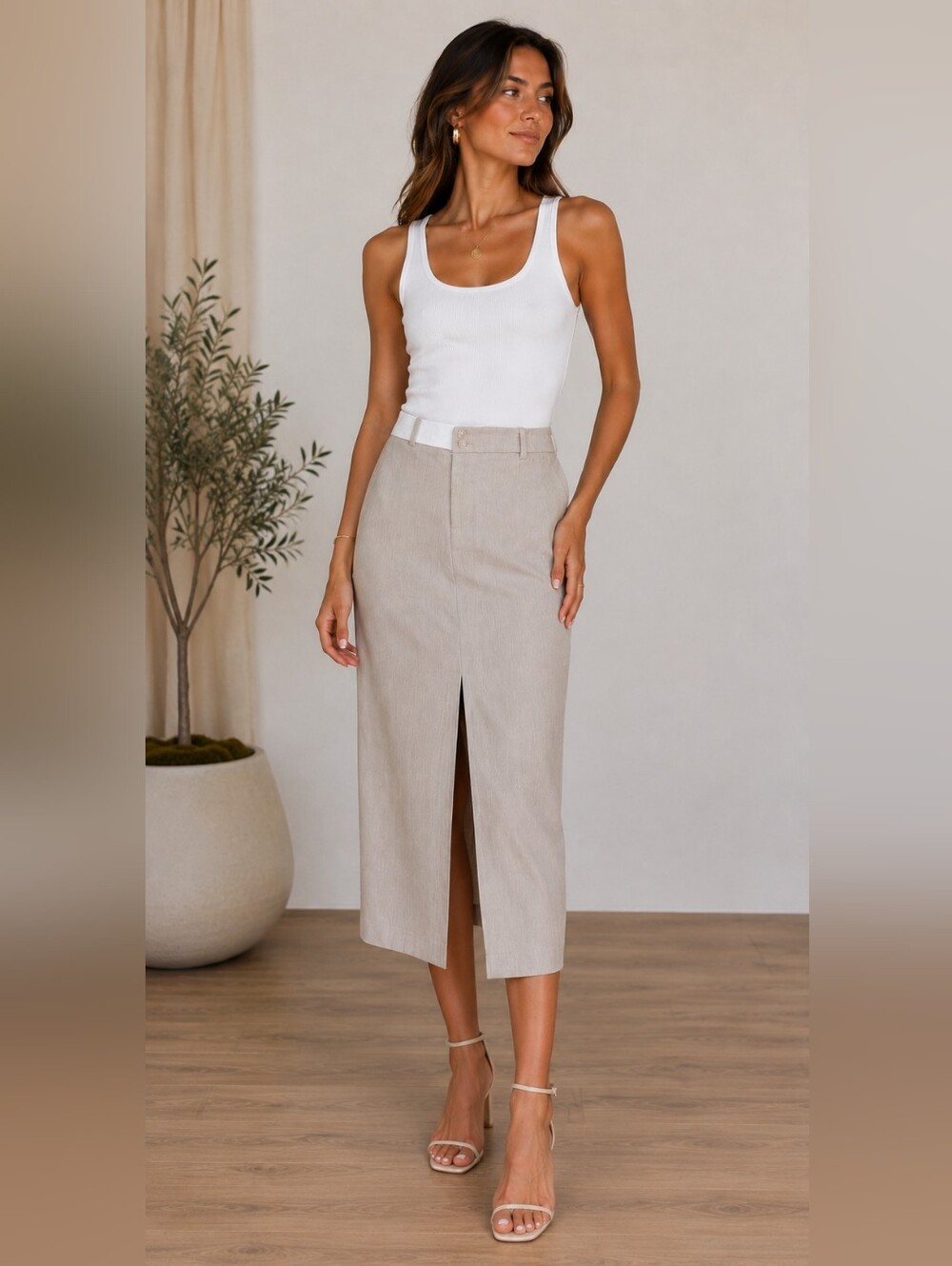 NWT Moon River Beige Front-Slit Midi Skirt